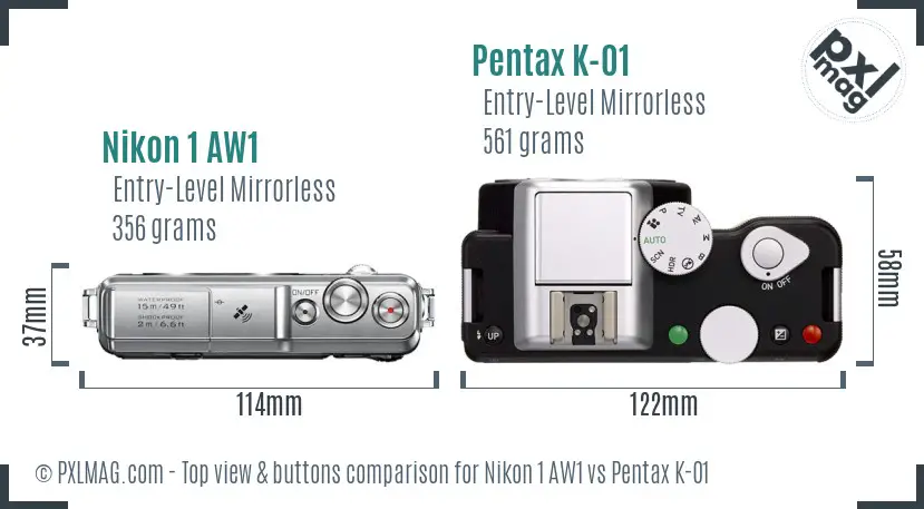 Nikon 1 AW1 vs Pentax K-01 top view buttons comparison