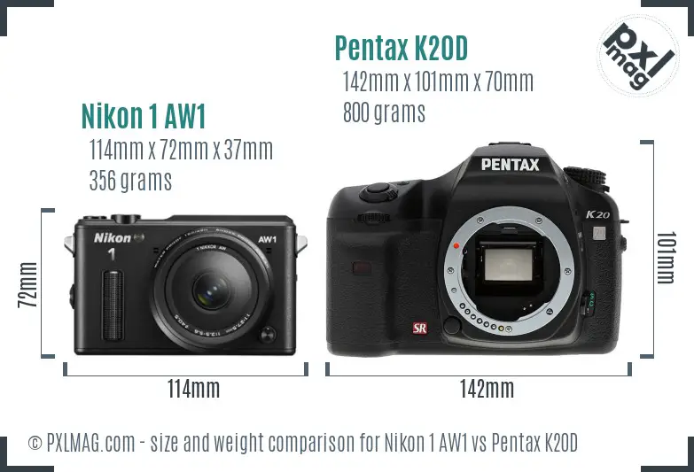 Nikon 1 AW1 vs Pentax K20D size comparison