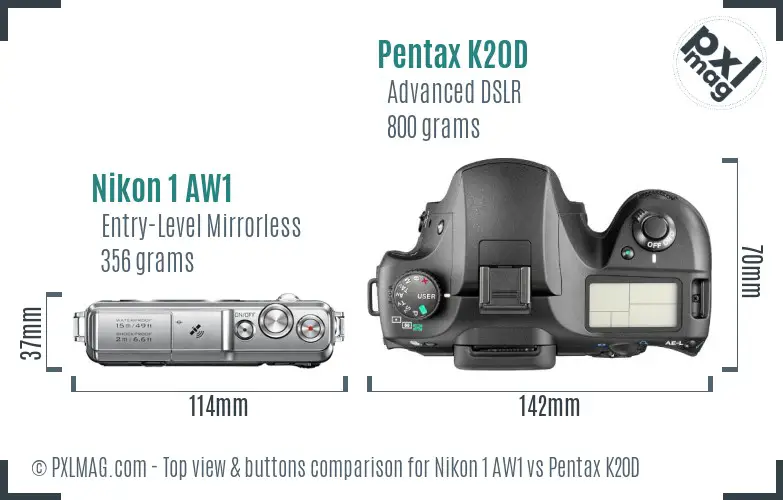 Nikon 1 AW1 vs Pentax K20D top view buttons comparison