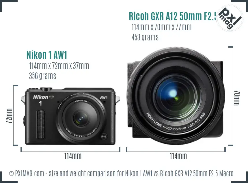 Nikon 1 AW1 vs Ricoh GXR A12 50mm F2.5 Macro size comparison
