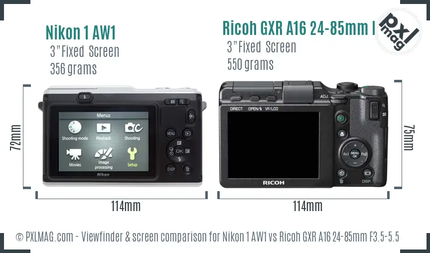 Nikon 1 AW1 vs Ricoh GXR A16 24-85mm F3.5-5.5 Screen and Viewfinder comparison