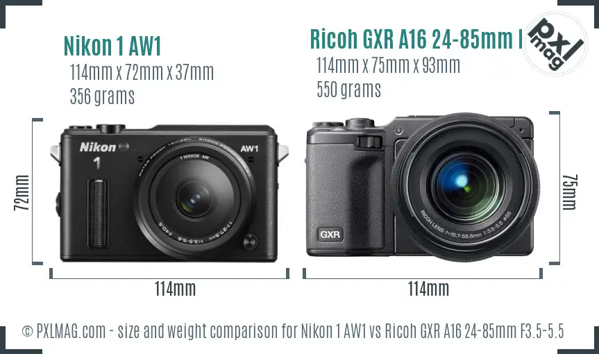 Nikon 1 AW1 vs Ricoh GXR A16 24-85mm F3.5-5.5 size comparison