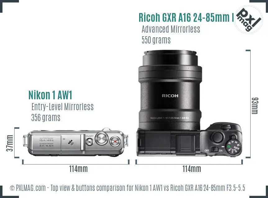 Nikon 1 AW1 vs Ricoh GXR A16 24-85mm F3.5-5.5 top view buttons comparison