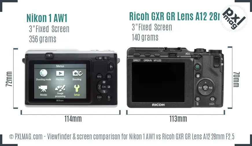 Nikon 1 AW1 vs Ricoh GXR GR Lens A12 28mm F2.5 Screen and Viewfinder comparison Nikon 1 AW1 vs Ricoh GXR GR Lens A12 28mm F2.5 Screen and Viewfinder comparison