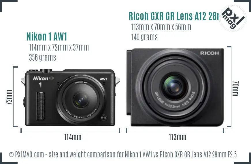 Nikon 1 AW1 vs Ricoh GXR GR Lens A12 28mm F2.5 size comparison Nikon 1 AW1 vs Ricoh GXR GR Lens A12 28mm F2.5 size comparison