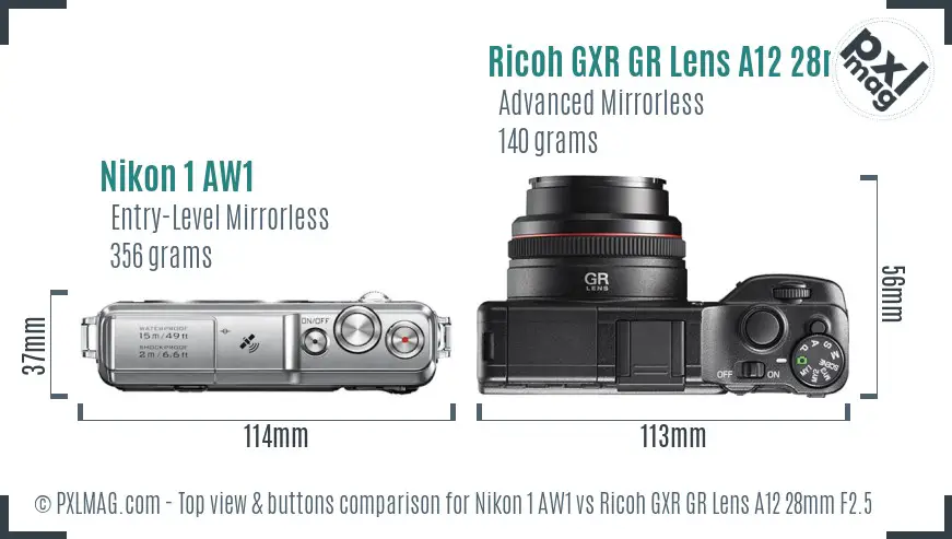 Nikon 1 AW1 vs Ricoh GXR GR Lens A12 28mm F2.5 top view buttons comparison Nikon 1 AW1 vs Ricoh GXR GR Lens A12 28mm F2.5 top view buttons comparison