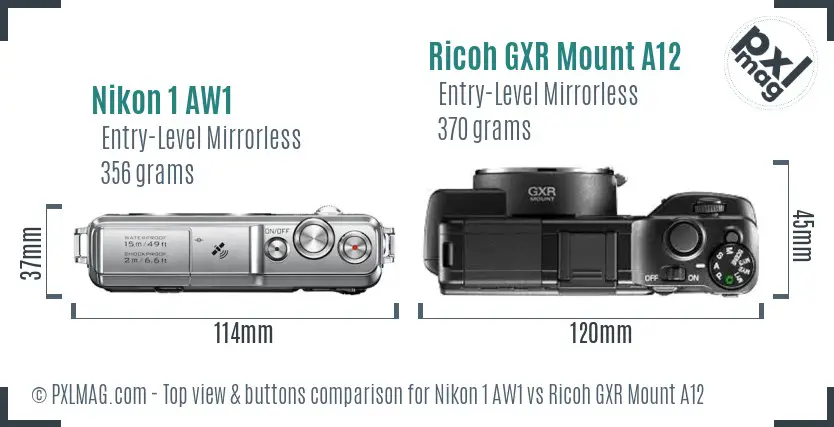 Nikon 1 AW1 vs Ricoh GXR Mount A12 top view buttons comparison