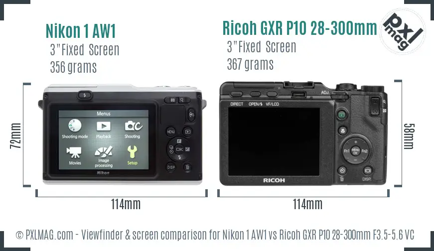 Nikon 1 AW1 vs Ricoh GXR P10 28-300mm F3.5-5.6 VC Screen and Viewfinder comparison