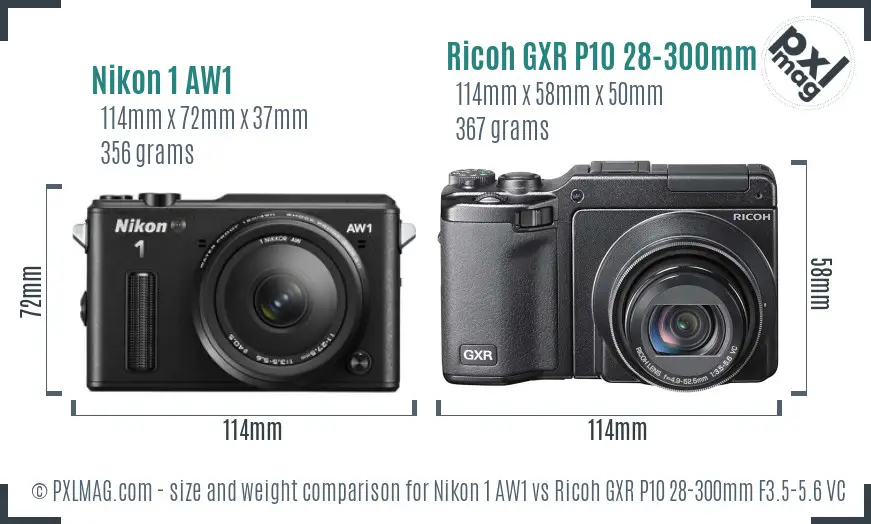 Nikon 1 AW1 vs Ricoh GXR P10 28-300mm F3.5-5.6 VC size comparison