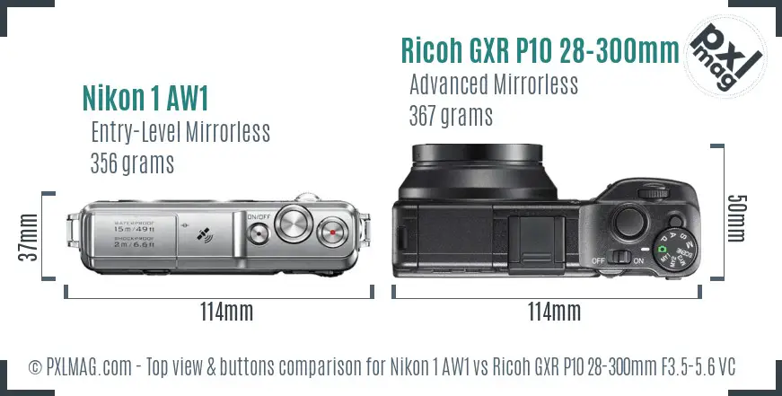 Nikon 1 AW1 vs Ricoh GXR P10 28-300mm F3.5-5.6 VC top view buttons comparison