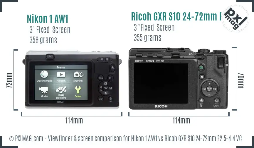 Nikon 1 AW1 vs Ricoh GXR S10 24-72mm F2.5-4.4 VC Screen and Viewfinder comparison