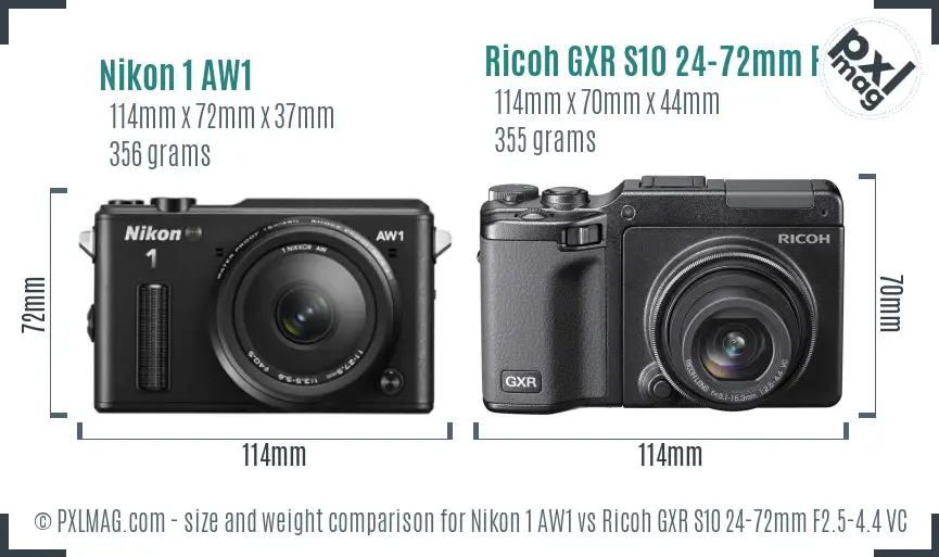 Nikon 1 AW1 vs Ricoh GXR S10 24-72mm F2.5-4.4 VC size comparison