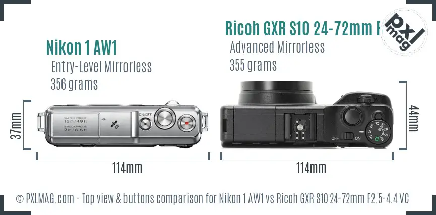 Nikon 1 AW1 vs Ricoh GXR S10 24-72mm F2.5-4.4 VC top view buttons comparison