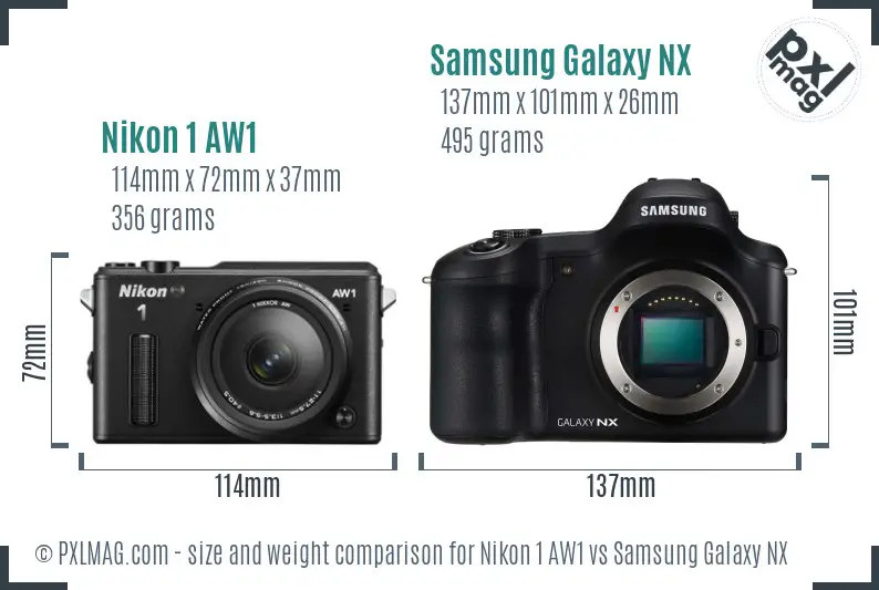 Nikon 1 AW1 vs Samsung Galaxy NX size comparison