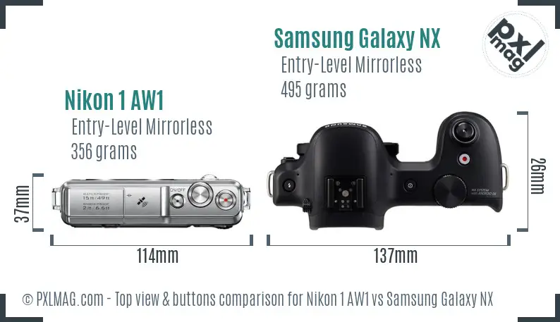 Nikon 1 AW1 vs Samsung Galaxy NX top view buttons comparison