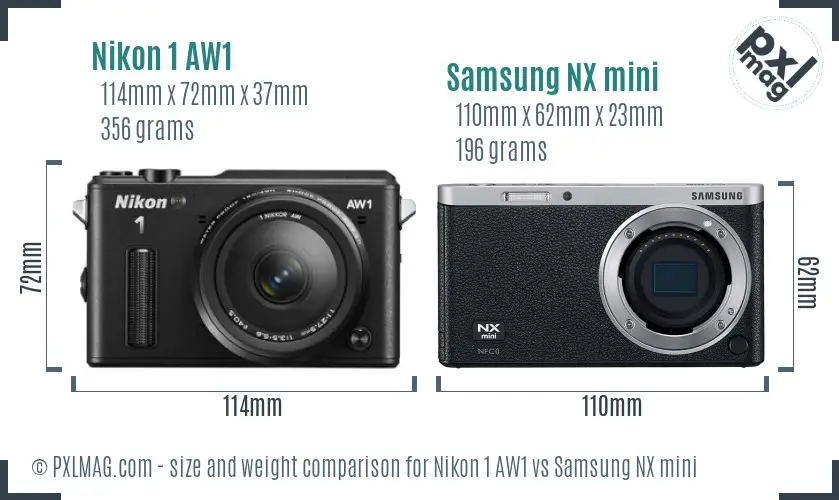 Nikon 1 AW1 vs Samsung NX mini size comparison