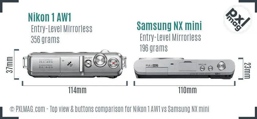 Nikon 1 AW1 vs Samsung NX mini top view buttons comparison