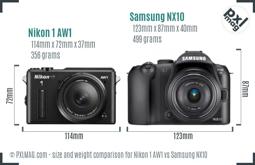 Nikon 1 AW1 vs Samsung NX10 size comparison