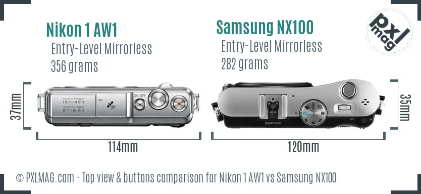 Nikon 1 AW1 vs Samsung NX100 top view buttons comparison Nikon 1 AW1 vs Samsung NX100 top view buttons comparison
