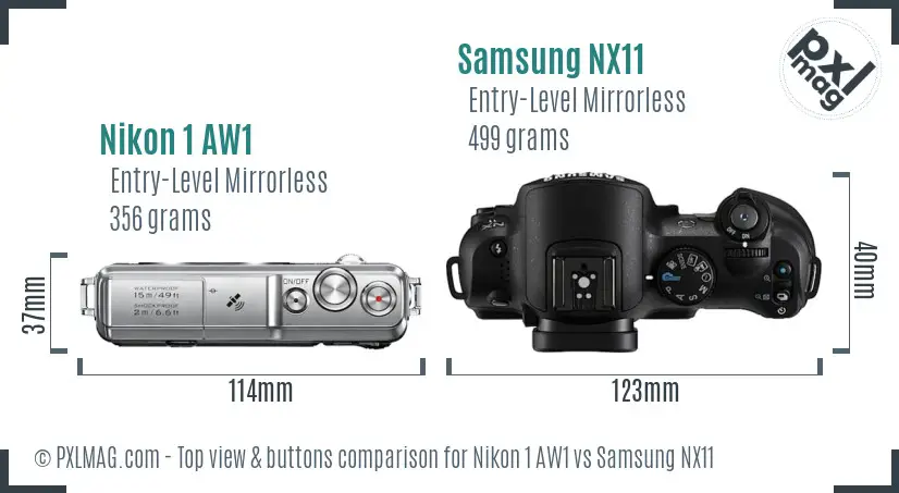 Nikon 1 AW1 vs Samsung NX11 top view buttons comparison Nikon 1 AW1 vs Samsung NX11 top view buttons comparison