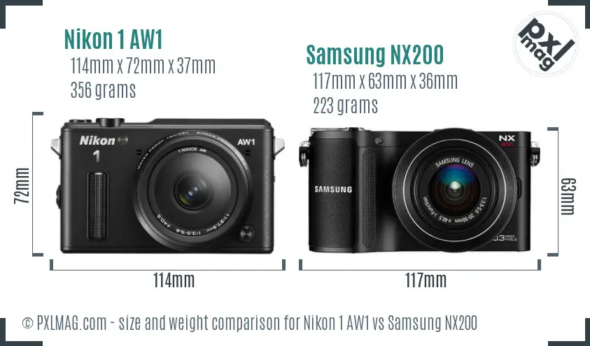 Nikon 1 AW1 vs Samsung NX200 size comparison