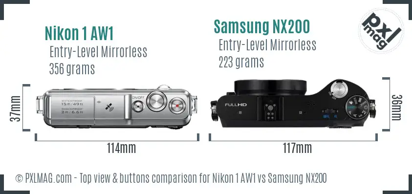 Nikon 1 AW1 vs Samsung NX200 top view buttons comparison