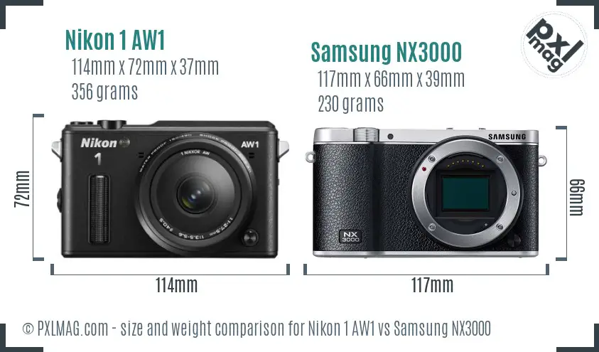 Nikon 1 AW1 vs Samsung NX3000 size comparison