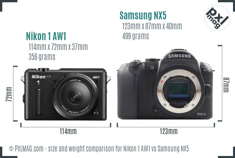 Nikon 1 AW1 vs Samsung NX5 size comparison