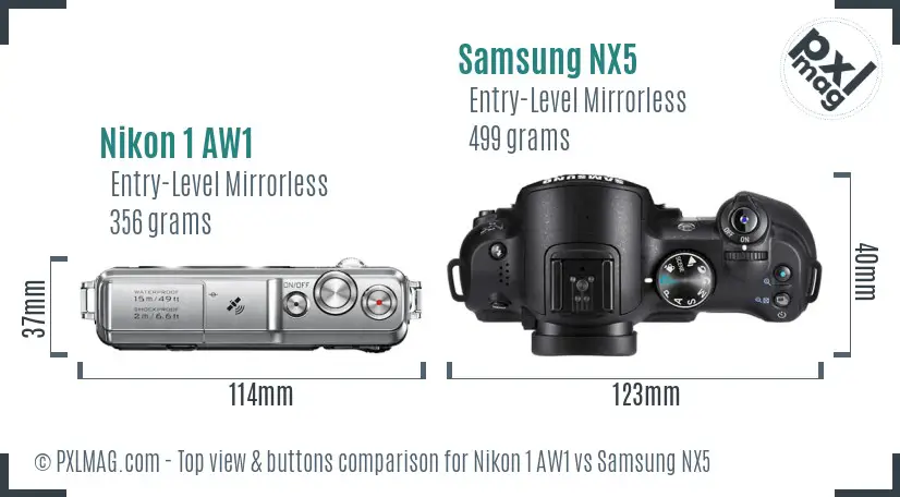Nikon 1 AW1 vs Samsung NX5 top view buttons comparison