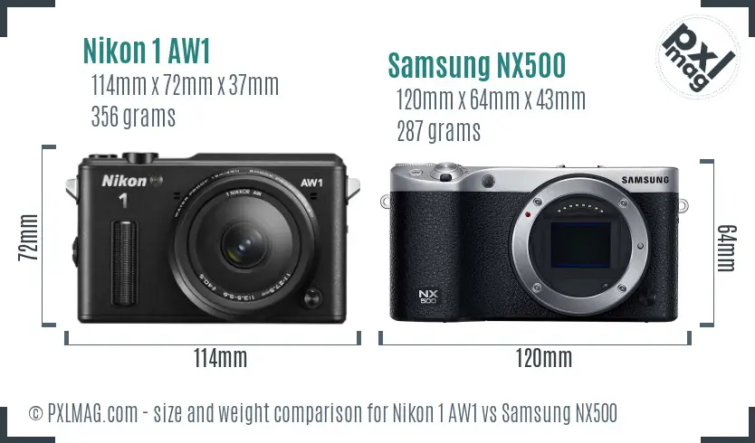 Nikon 1 AW1 vs Samsung NX500 size comparison