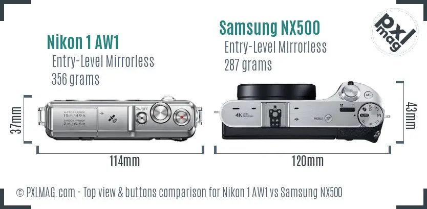 Nikon 1 AW1 vs Samsung NX500 top view buttons comparison