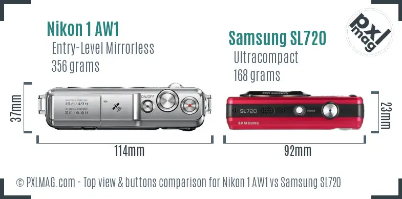 Nikon 1 AW1 vs Samsung SL720 top view buttons comparison