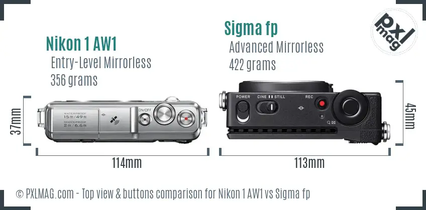 Nikon 1 AW1 vs Sigma fp top view buttons comparison