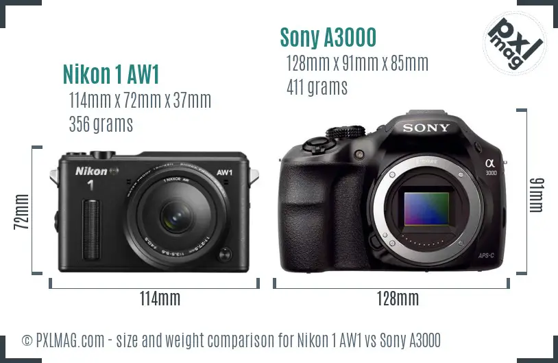 Nikon 1 AW1 vs Sony A3000 size comparison