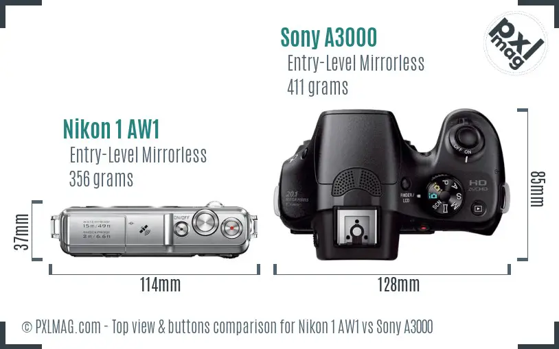 Nikon 1 AW1 vs Sony A3000 top view buttons comparison