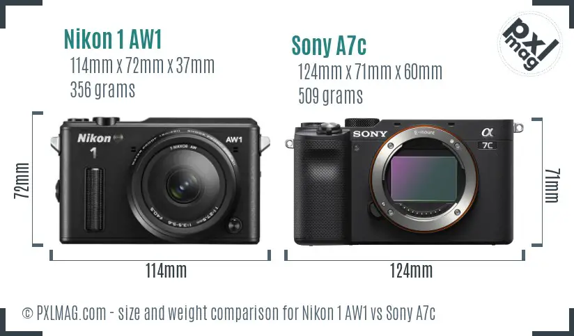 Nikon 1 AW1 vs Sony A7c size comparison