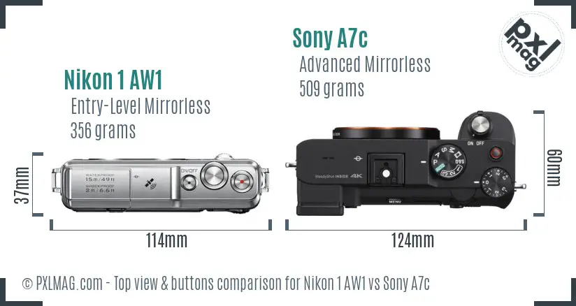 Nikon 1 AW1 vs Sony A7c top view buttons comparison