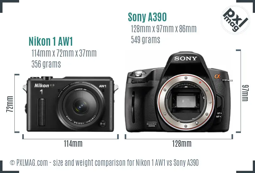Nikon 1 AW1 vs Sony A390 size comparison