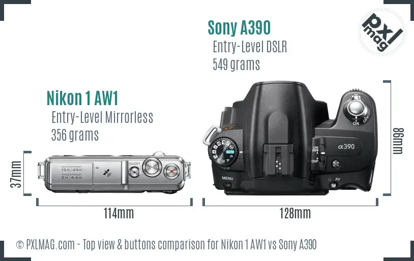 Nikon 1 AW1 vs Sony A390 top view buttons comparison