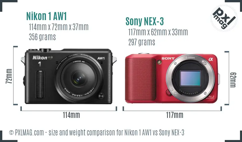 Nikon 1 AW1 vs Sony NEX-3 size comparison