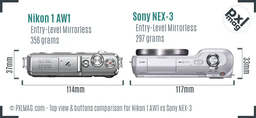 Nikon 1 AW1 vs Sony NEX-3 top view buttons comparison