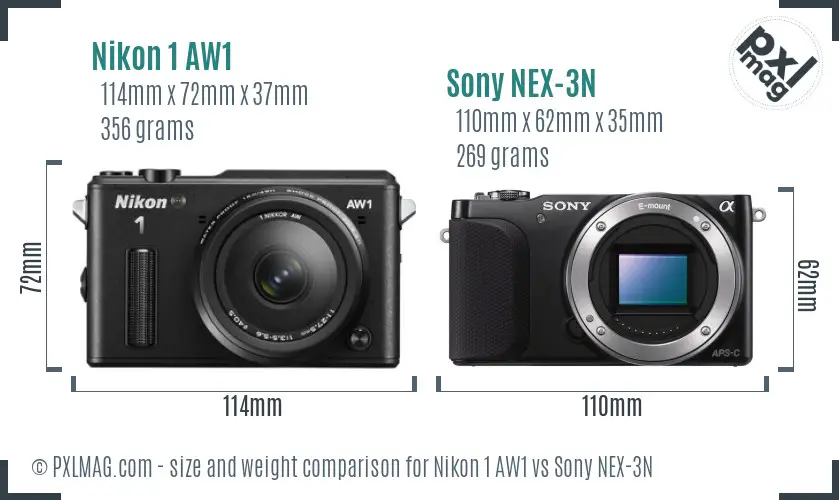 Nikon 1 AW1 vs Sony NEX-3N size comparison
