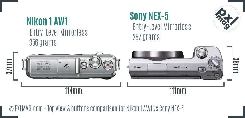 Nikon 1 AW1 vs Sony NEX-5 top view buttons comparison