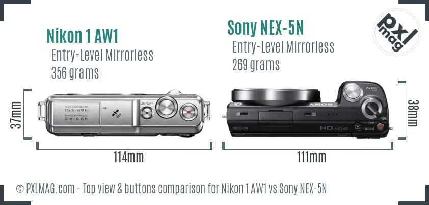 Nikon 1 AW1 vs Sony NEX-5N top view buttons comparison