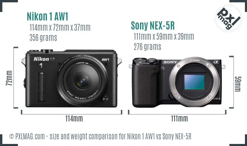 Nikon 1 AW1 vs Sony NEX-5R size comparison