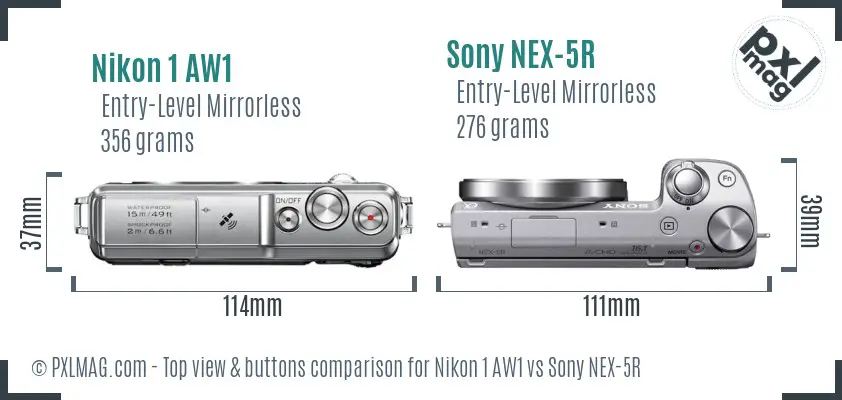 Nikon 1 AW1 vs Sony NEX-5R top view buttons comparison