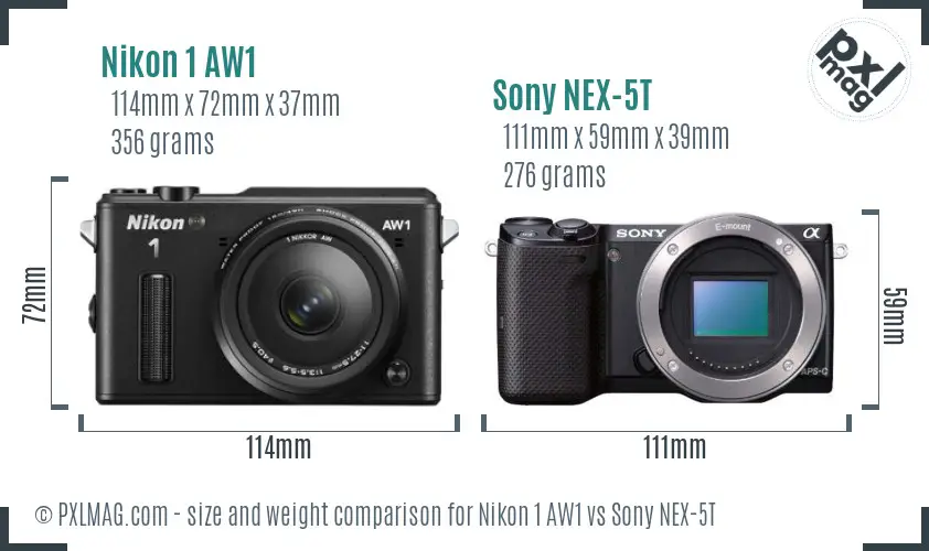 Nikon 1 AW1 vs Sony NEX-5T size comparison