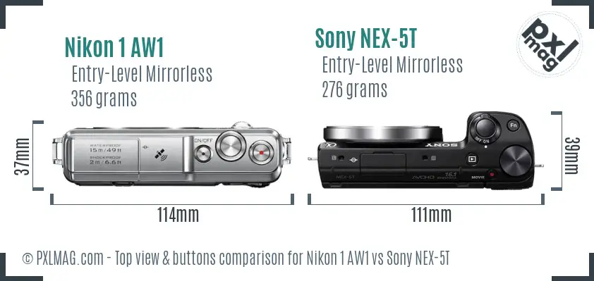 Nikon 1 AW1 vs Sony NEX-5T top view buttons comparison