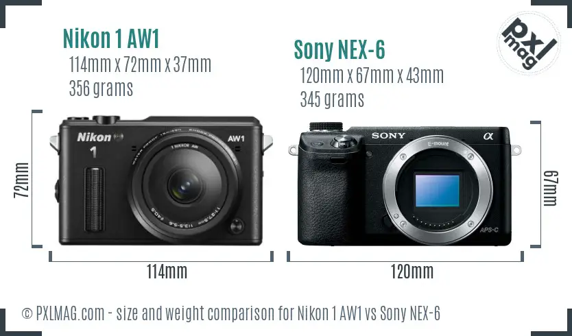 Nikon 1 AW1 vs Sony NEX-6 size comparison