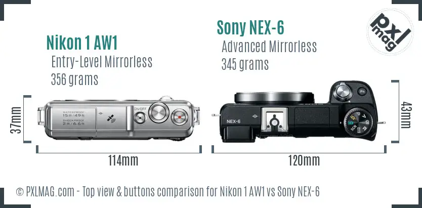 Nikon 1 AW1 vs Sony NEX-6 top view buttons comparison